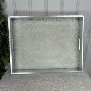 Silver Faux Leather Tray White Faux Fur Liner Decorative Vanity Tray glam